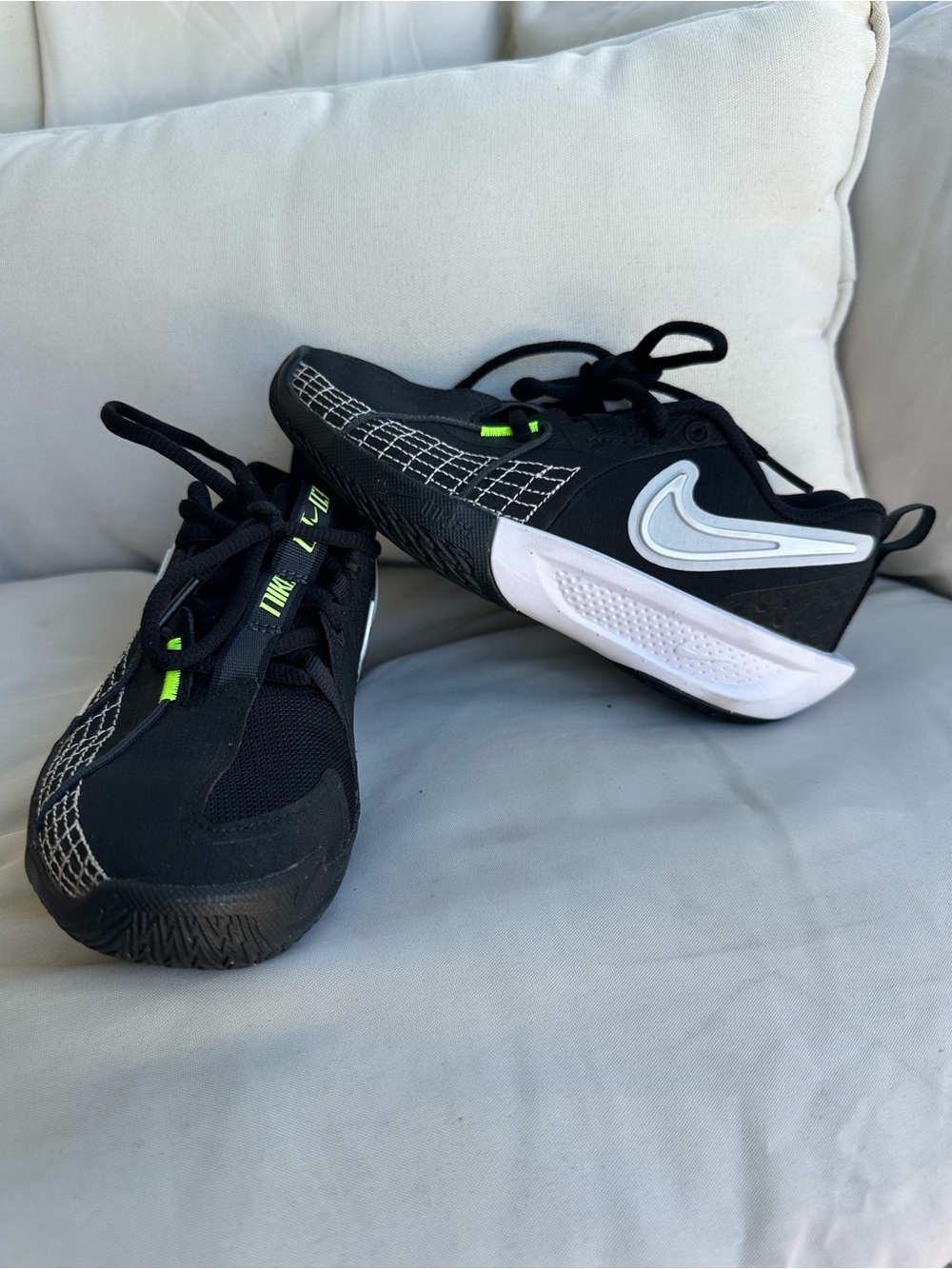 Nike Kids Black Sneakers with White Swoosh and Lime Accents size 1